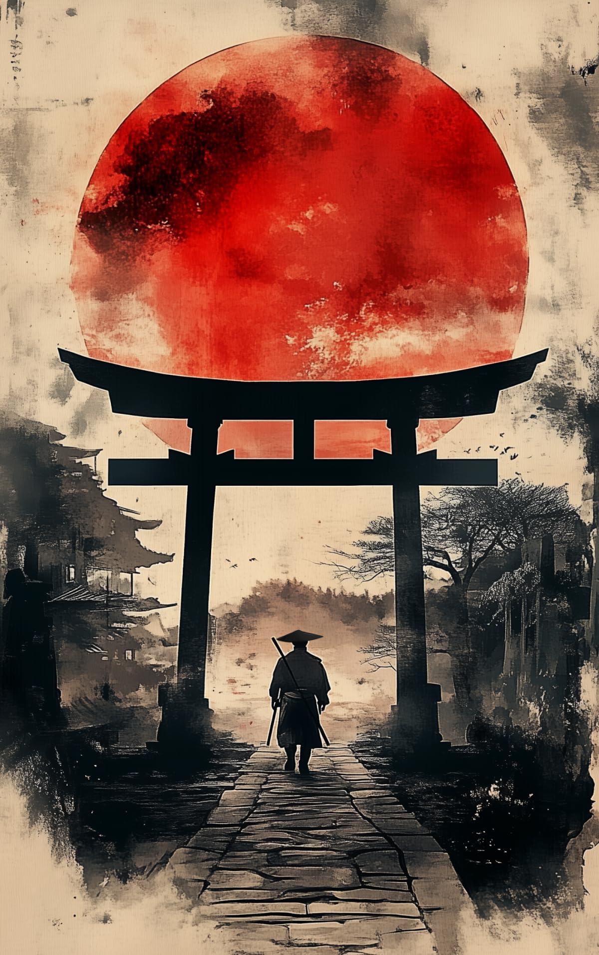 Blood Moon Torii Gate Samurai Ink Wash Canvas Framed Wall Art (24"L x 36"W / Samurai16)