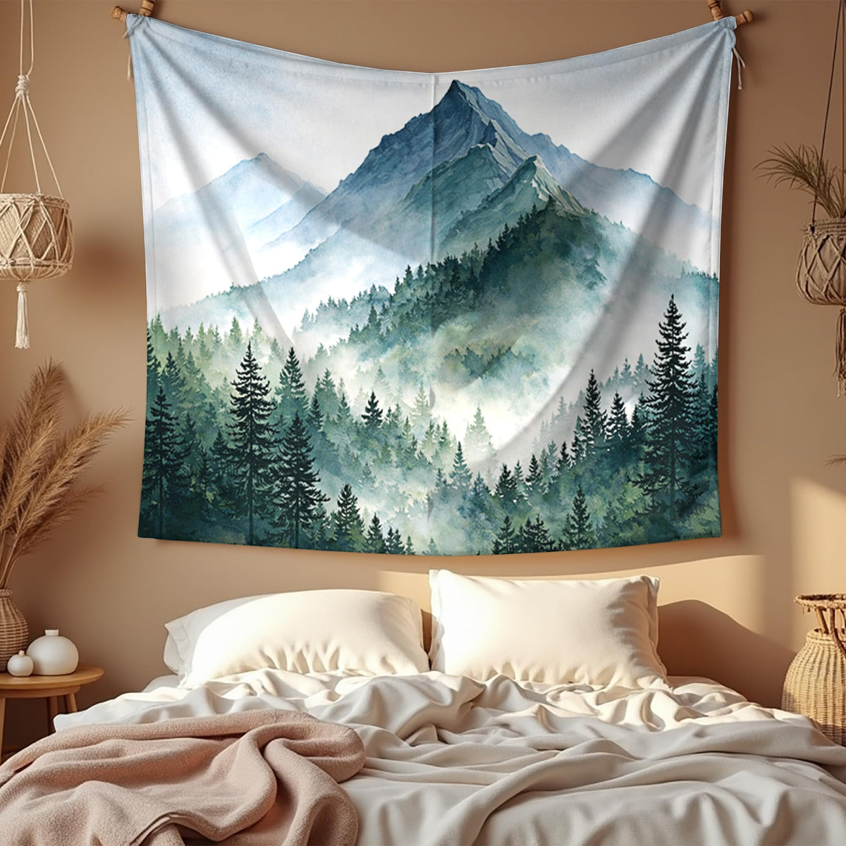 Serene Watercolor Mountain Tapestry 60x50 Inch (Teal)