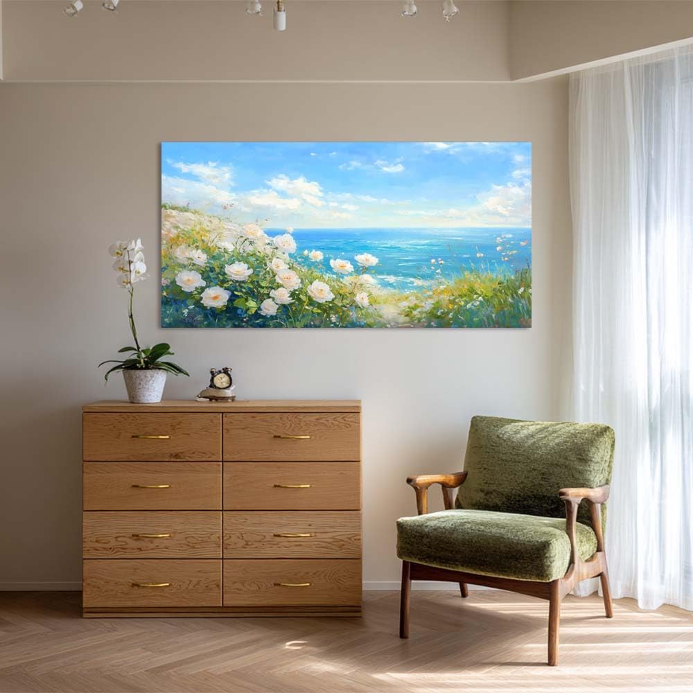 White Roses Floral Beach Canvas Wall Art Coastal Ocean View Painting Flat Print Gallery Wrapped Spring Seascape Artwork for Living Room Bedroom Bathroom Decor (Coastal / White White Roses Sea 7 / 58"L x 28"W)