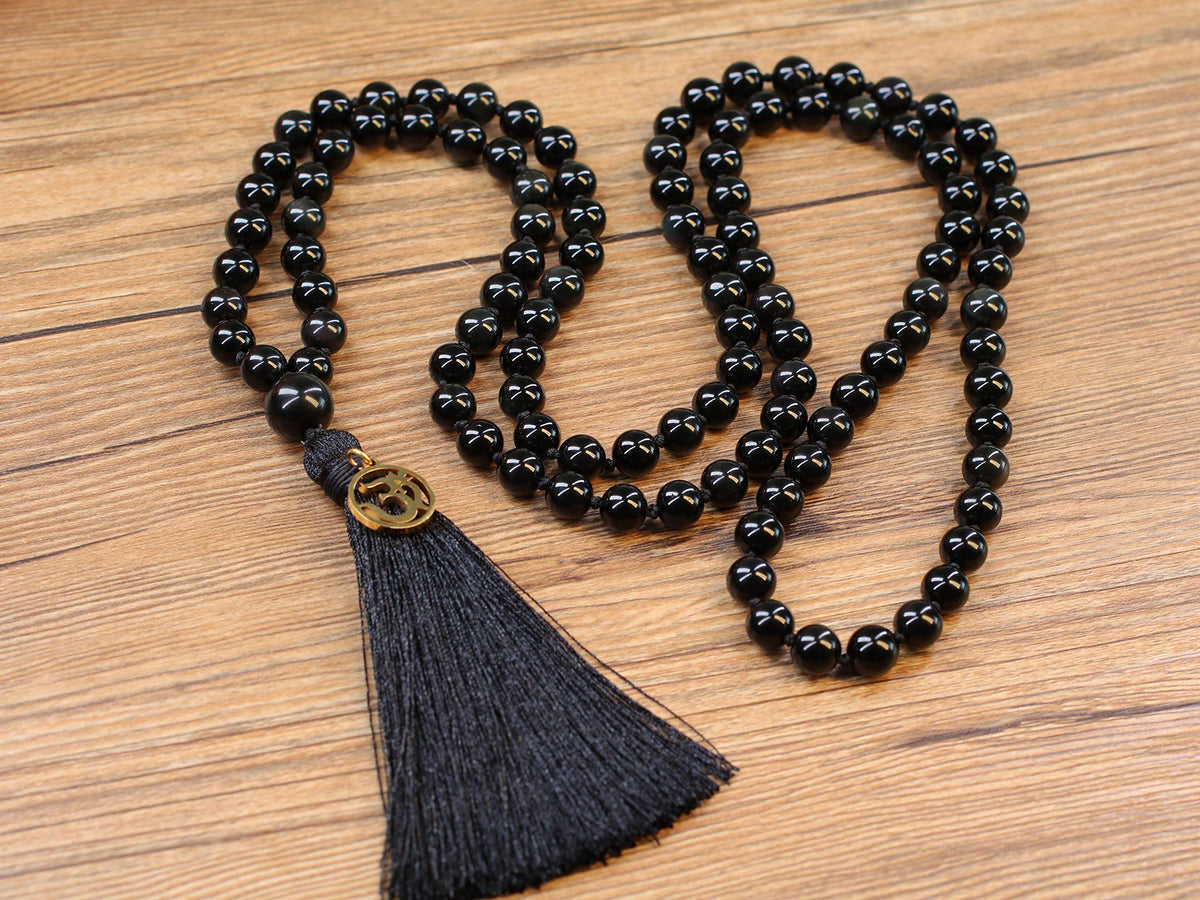 OM Charm Hand Knotted Tassel 108 Mala Beads Black Obsidian Stone Beaded Necklace 8mm (8mm / Black Obsidan)