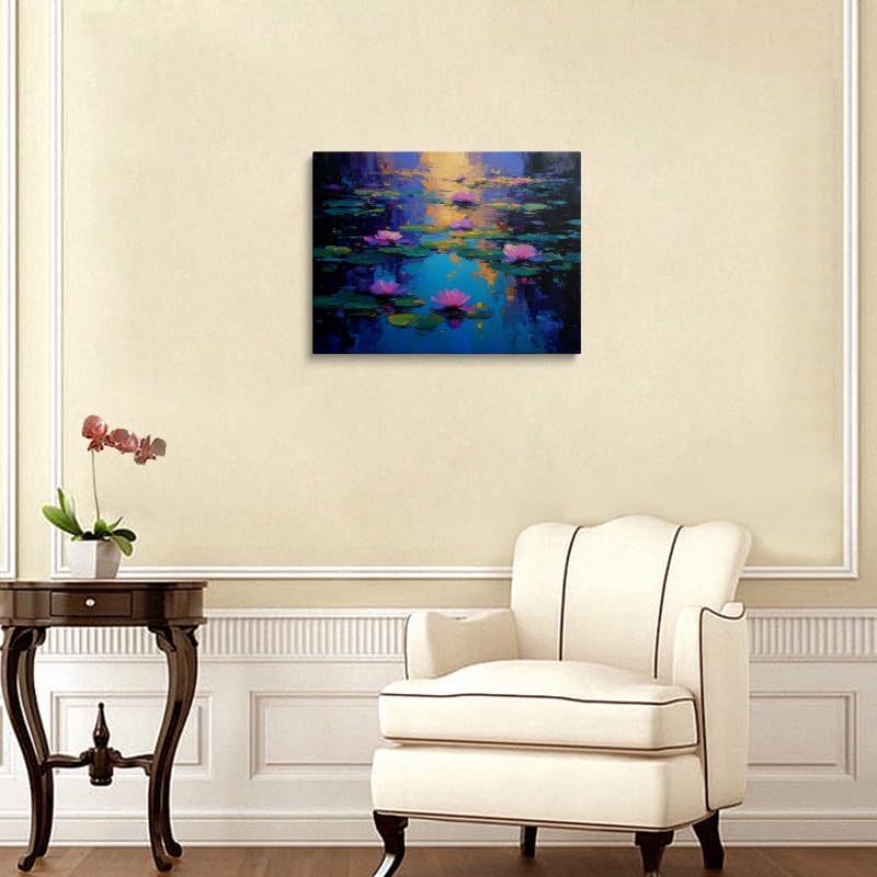 Calming Water Lilies Canvas Wall Art Framed Impressionist Painting Pink Blooms on Serene Pond Textured Brushstrokes Blue Turquoise Reflection Zen Wall Decor Artwork Poster 16x24 Inches (Water lilies / 24"L x 16"W)