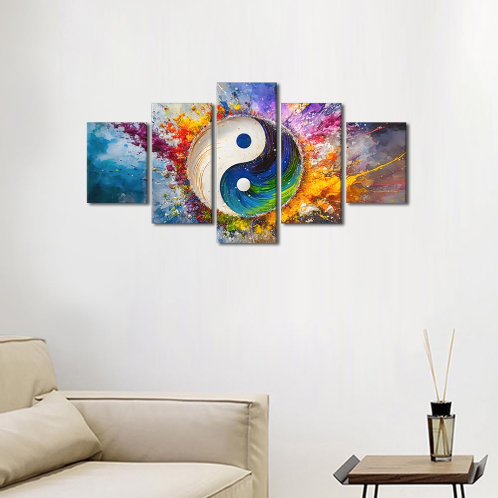 Wall Art Large Abstract Yin Yang In Multicolor Splash Framed Canvas Print Multi Panel Artwork Contemporary Living Room Decor Balance Theme Art Ready to Hang 60" Wx32 H (60''Wx32''H / Artwork-08)