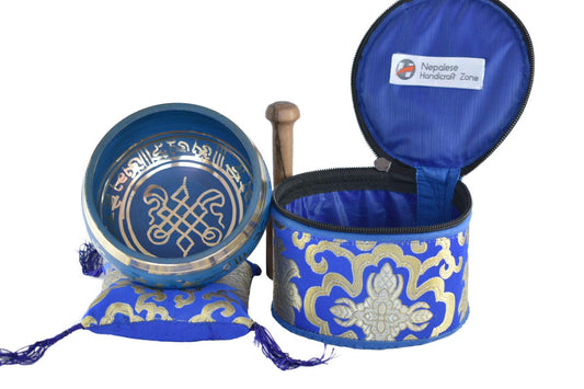Color Singing Bowl Set with free stick and cushion by Nepalese Handicraft Zone (Blue)