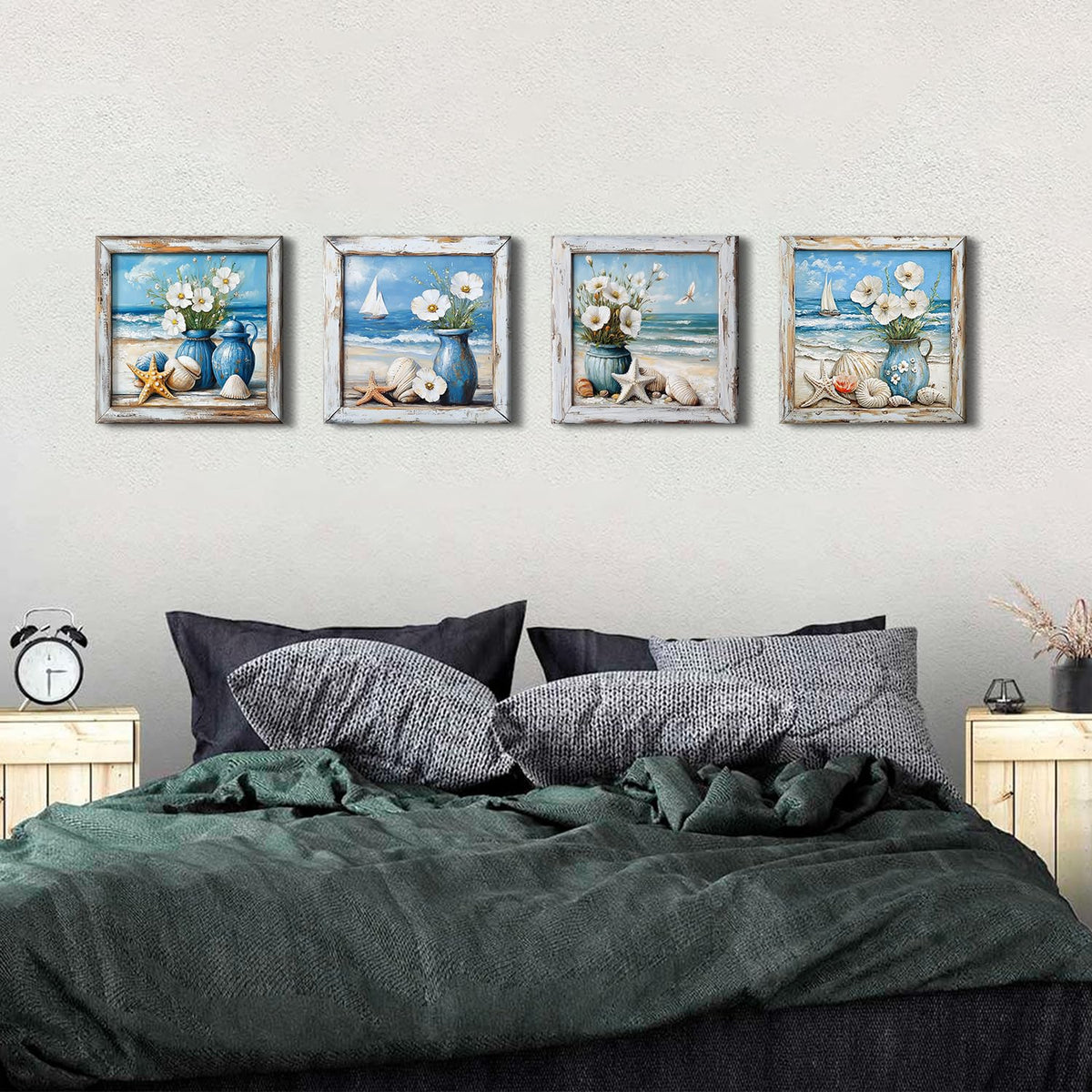 Coastal Wall Art Nautical Bathroom Decor Vintage Beach Theme Pictures Wall Art Vintage Beachy Paintings Canvas Prints Watercolor Flowers Posters Blue Seascape Framed Artwork Home Decorations 12x12” (12"L x 12"W / Beach)