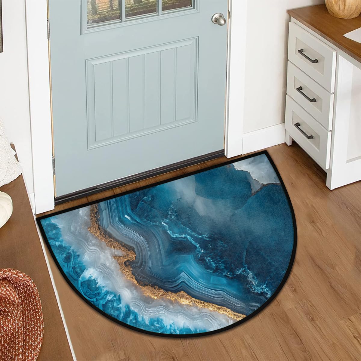 Modern Marble Blue Half Round Door Mat Half Moon Rug Washable Half Circle Area Rugs Indoor Entrance Non Slip Semi Circle Bathroom Rugs Floor Carpet for Kithen Bedroom Fireplace Decor (Color 10)