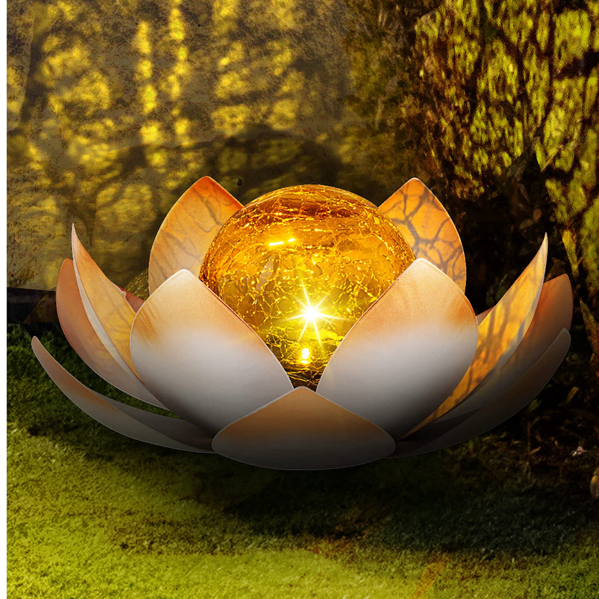 Solar Lights Outdoor Garden Decorative Art Metal Lotus Cracked Glass Ball Waterproof Decorations for Pathway Lawn Patio Yard Ground Tabletop Gifts (Orange)