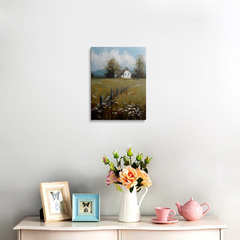 Calming Country Farmhouse Canvas Wall Art Framed Serene Landscape Painting White Farmhouse Wooden Fence Wildflowers Vintage Style Textured Brushstrokes Wall Decor Artwork Poster 16x24 Inches (wooden house / 24"L x 16"W)