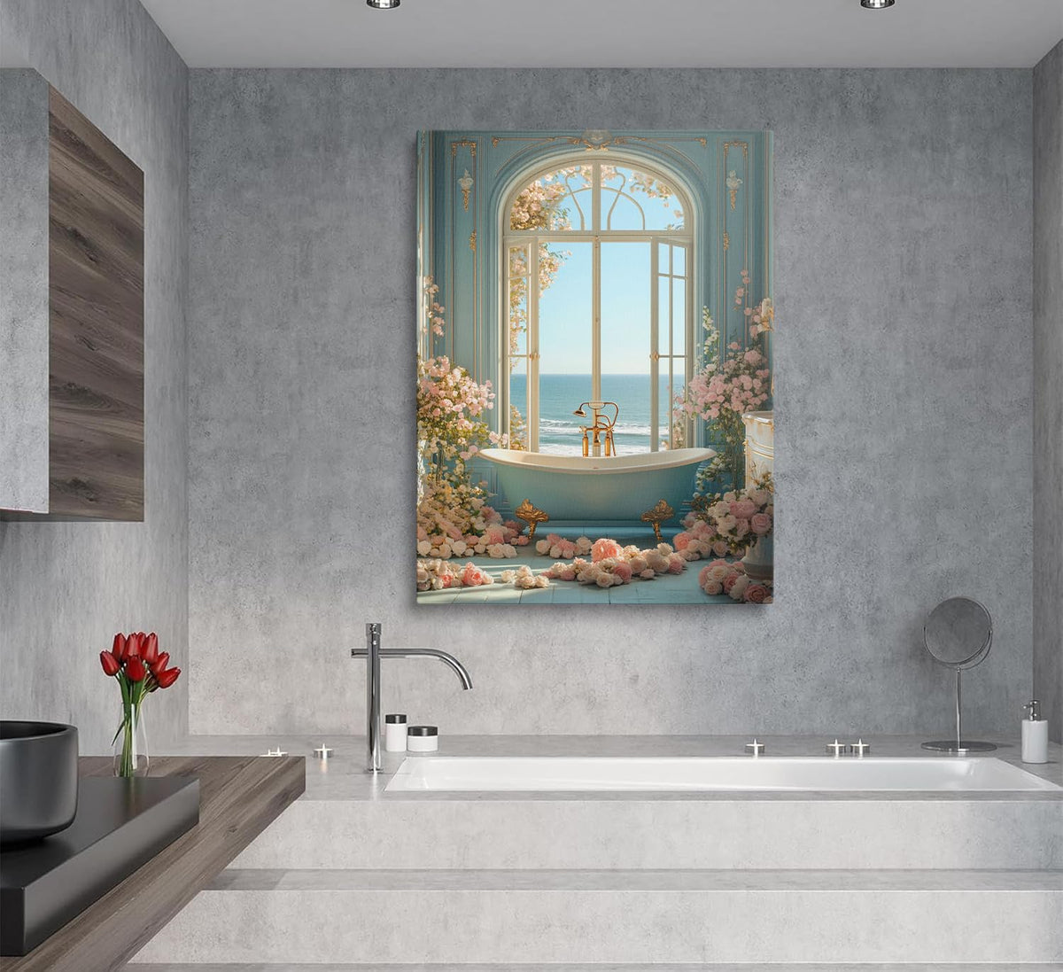 Coastal Blue Bathroom Canvas Wall Art Framed Floral Ocean Decor 16x24 Inch (Bathtub / 24"L x 16"W)