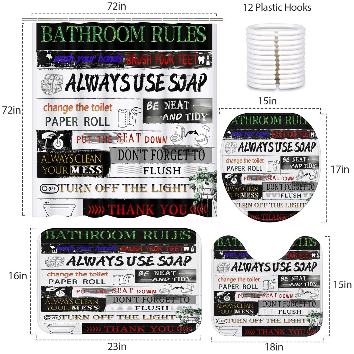 Bathroom Sets with Shower Curtain and Rugs Set of 4 Colorful (Bathroom Rules)