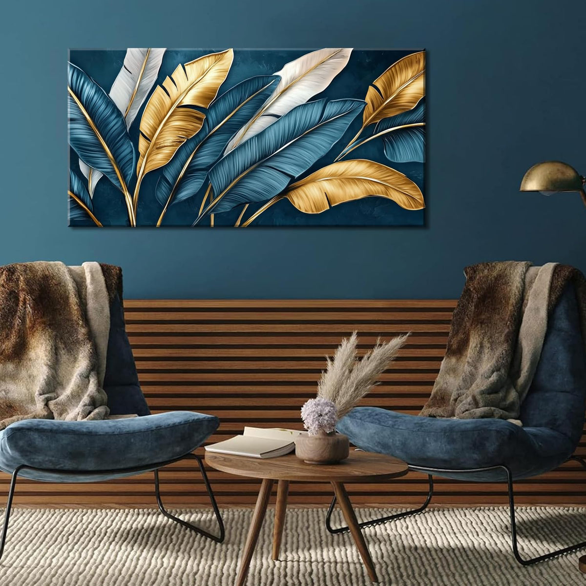 Navy Blue Tropical Leaf Wall Art for Bedroom Canvas Painting Prints Botanical Banana Leaves Nature Gold Modern Artwork Office Family Decor (40L" x 20W" / Gold and Blue Wall Art(k828))