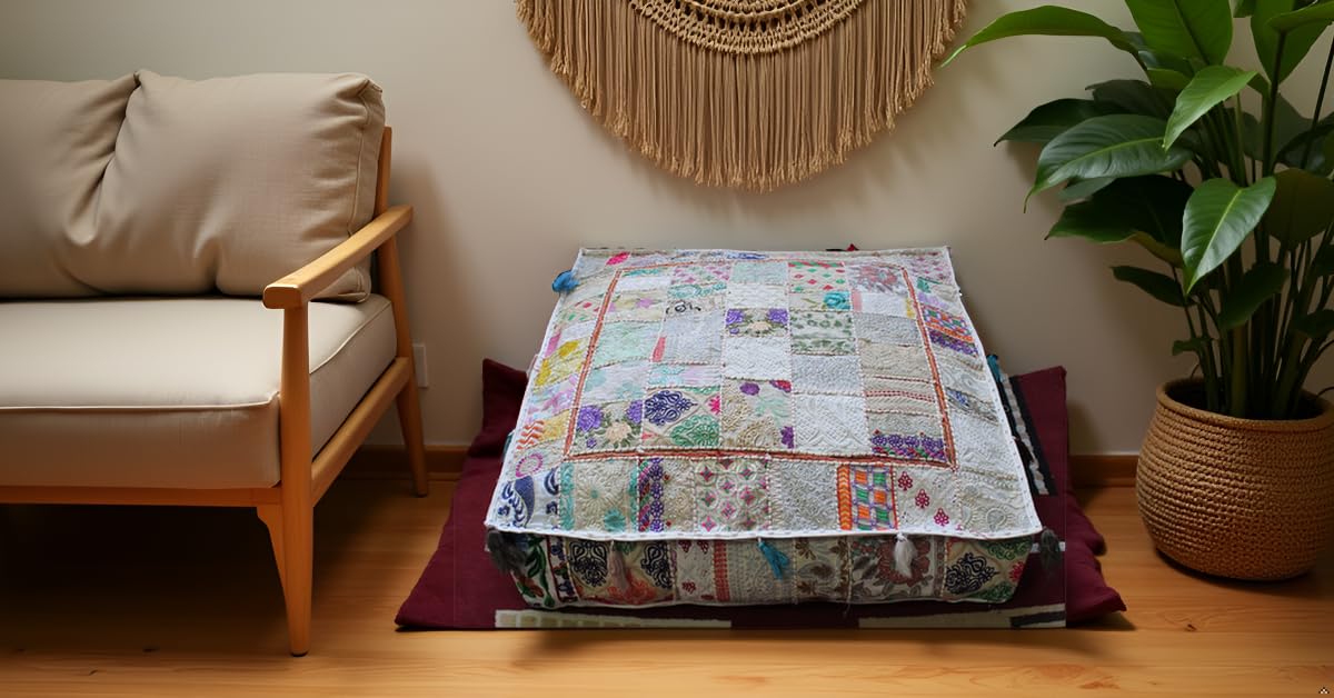 Indian Square Patchwork Traditional Pouf Cover Indian Living Room Poufs Decorative Embroidered Designer Ottoman Home Living Footstool Chair Cover Decor Pillow Cover 35 inches (35"D x 35"W x 5"H / Off White)