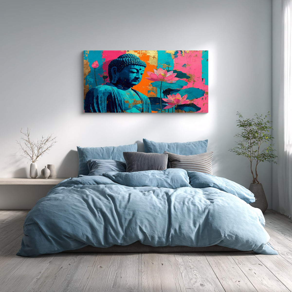 1Pcs Colorful Buddha Lotus Flower Wall Art Canvas Print with Gold Foil Vibrant Zen Meditation Decor Modern Asian Spiritual Artwork for Living Room Bedroom Yoga Studio (40"L x 20"W / 1PCS-Blue Buddha)