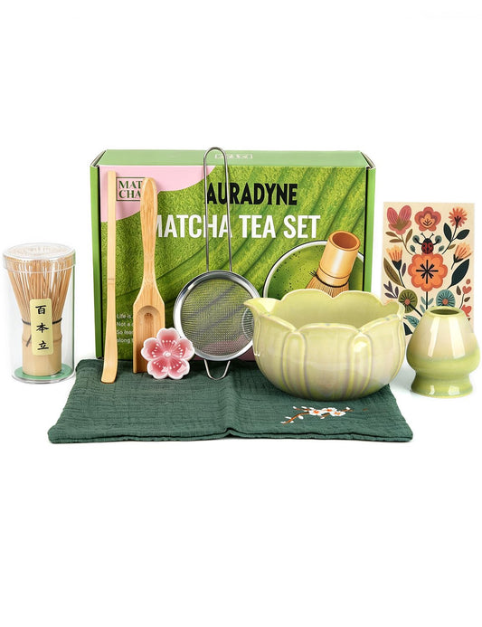 Matcha Set 9 Pcs Lotus Matcha Whisk Set with Spout (Green)