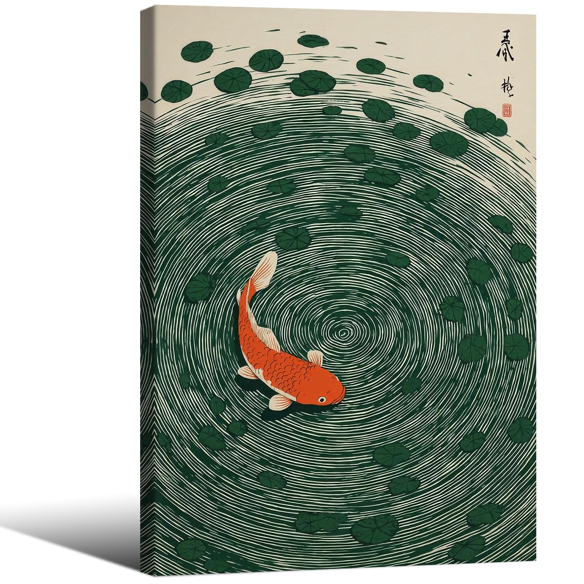 Japanese Koi Fish Framed Poster Oriental Asian Lucky Carp Canvas Wall Art 16x24 inch Retro Japan Room Aesthetic Print Minimal Green Painting for Zen Water Living Room Office Decor Ready to hang (Wrapped Canvas / Japanese Koi Fish / 24"L x 16"W)