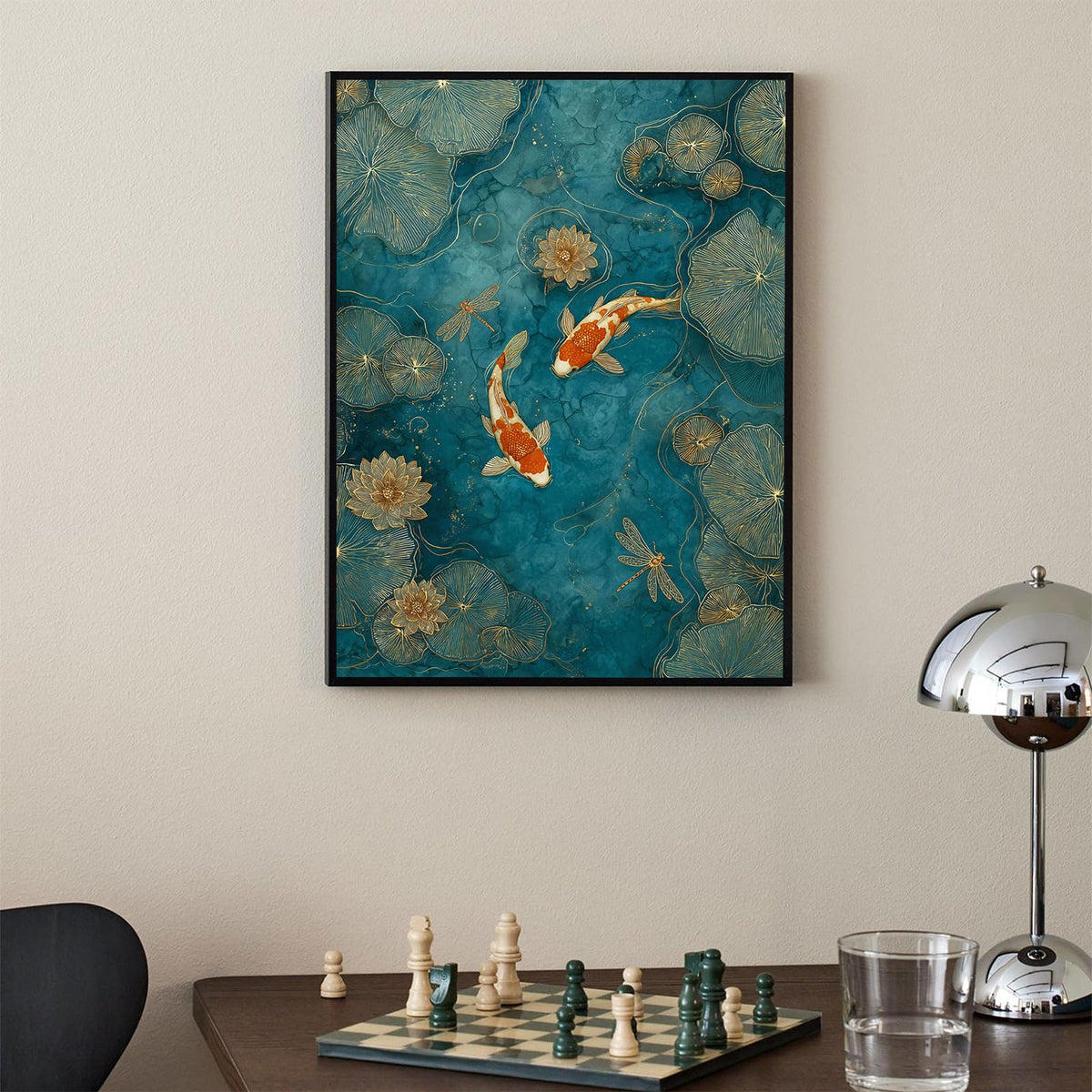 Japanese Koi Fish Zen Black Framed Canvas Wall Art Traditional Oriental Asian Prints 12x18 inch Elegant Emerald Green Pond Koi Fish Posters for Office Home Bedroom Meditation Yoga Spa Room Decor (Black Framed / Japanese Posters / 18"L x 12"W)