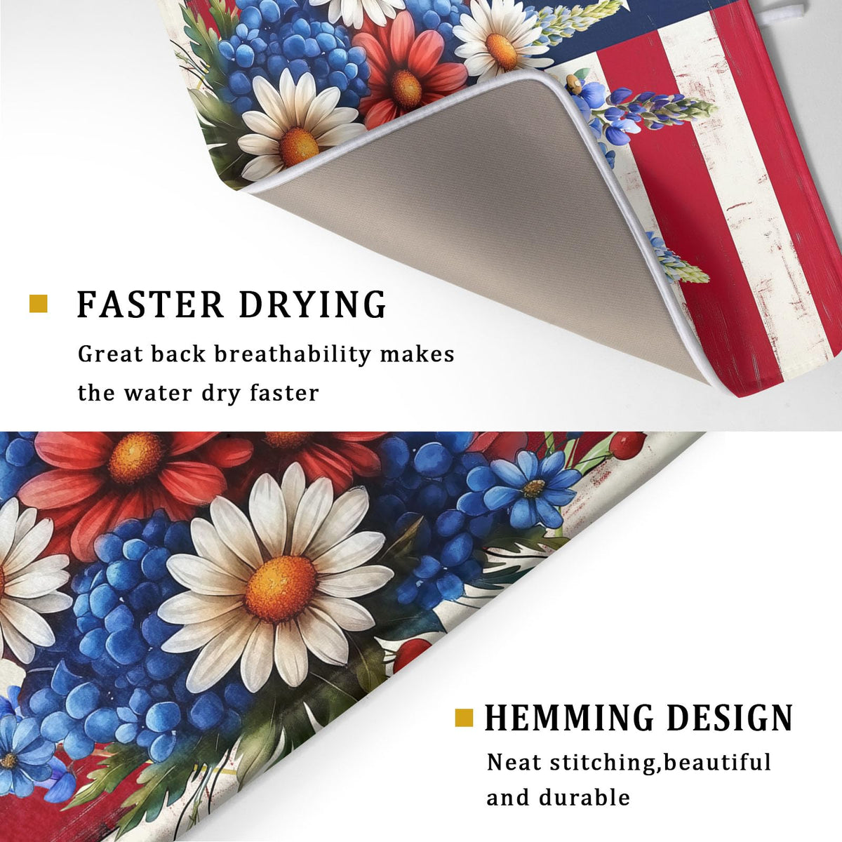 4th of July Patriotic Flower Dish Drying Mat for Kitchen Counter (Patriotic Flower / 18" x 24")
