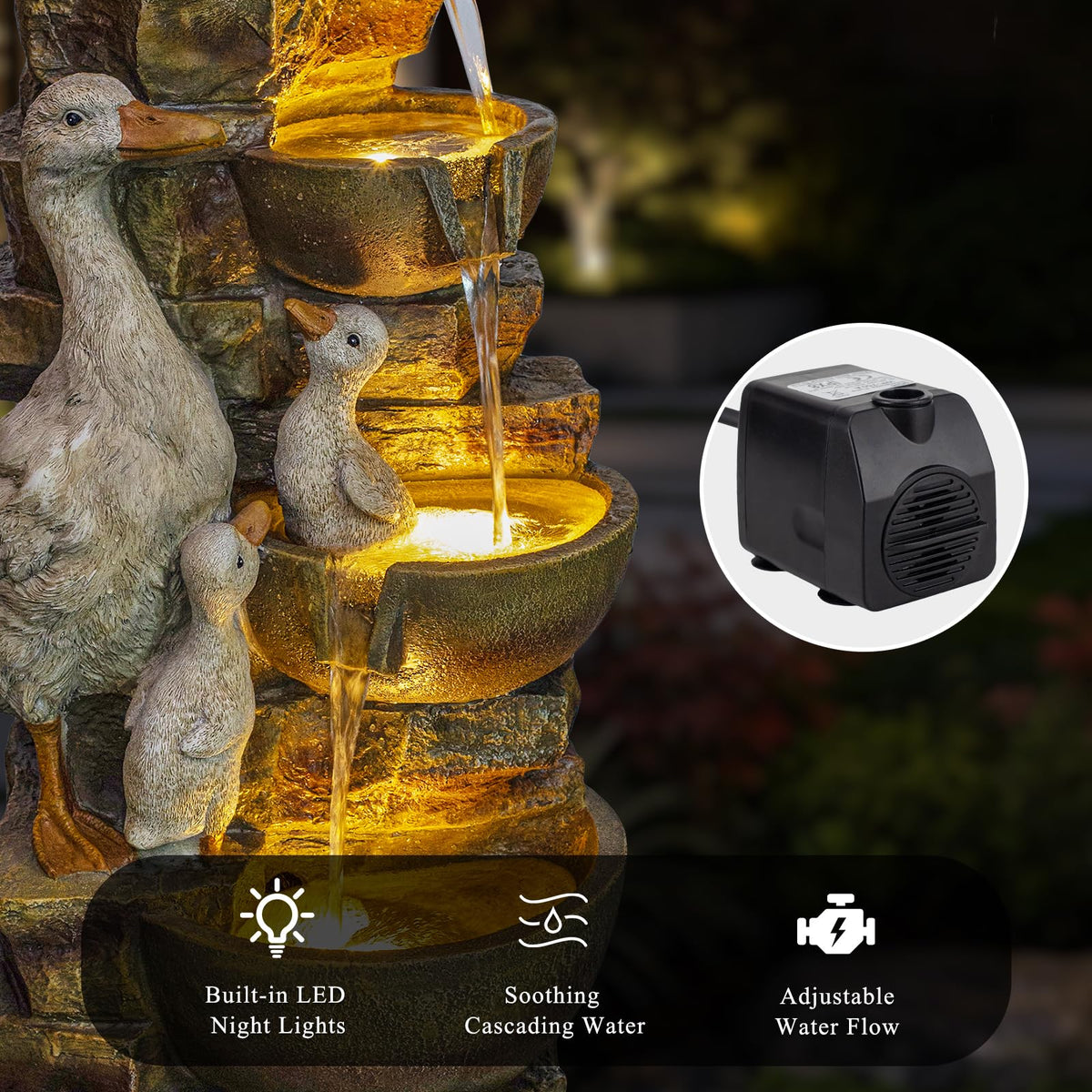 Duck Family Outdoor Water Fountain (Duck Family With Bowls)