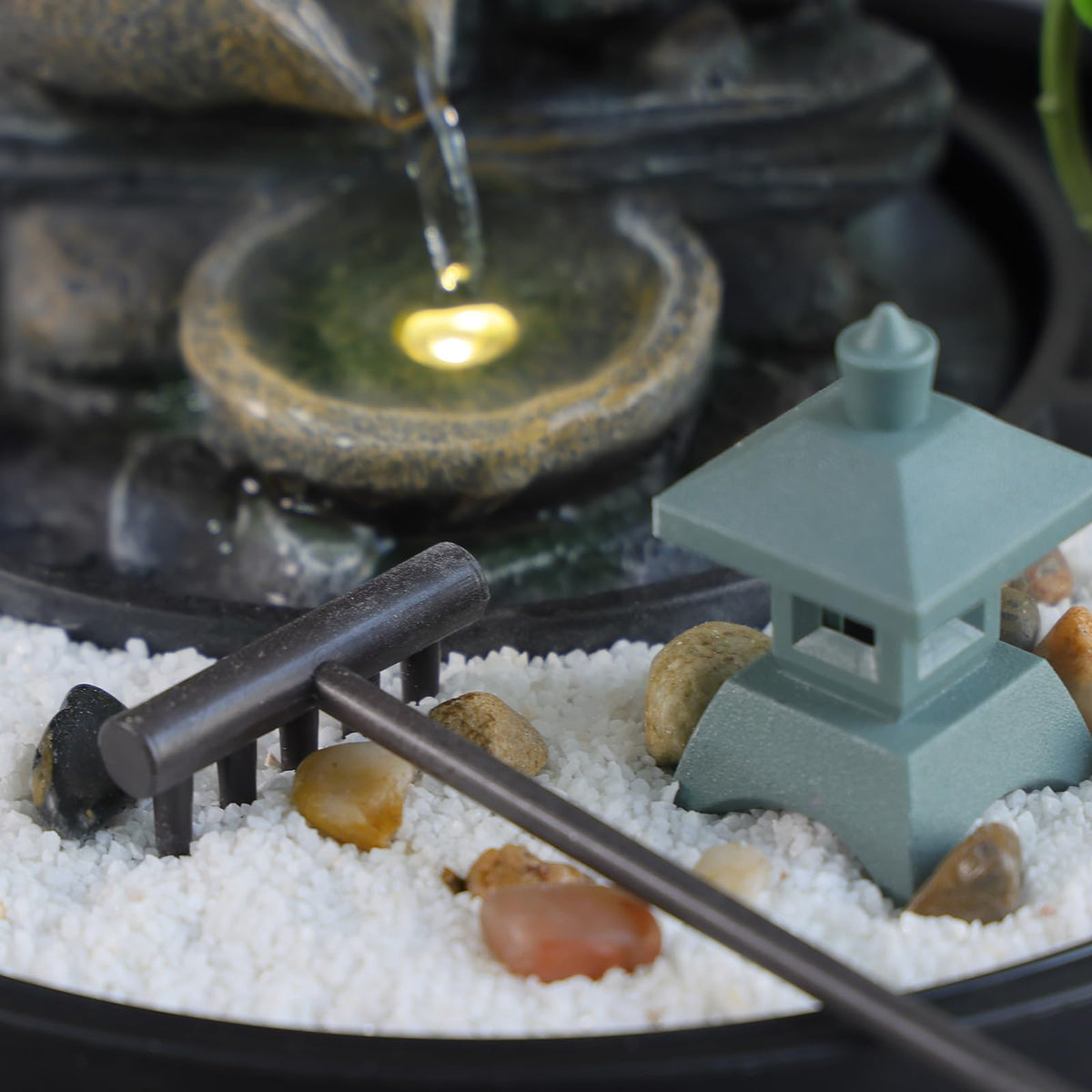 Indoor Tabletop Water Fountain with LED Lights & Pagoda (Gray_rock / 8.5 Inch)