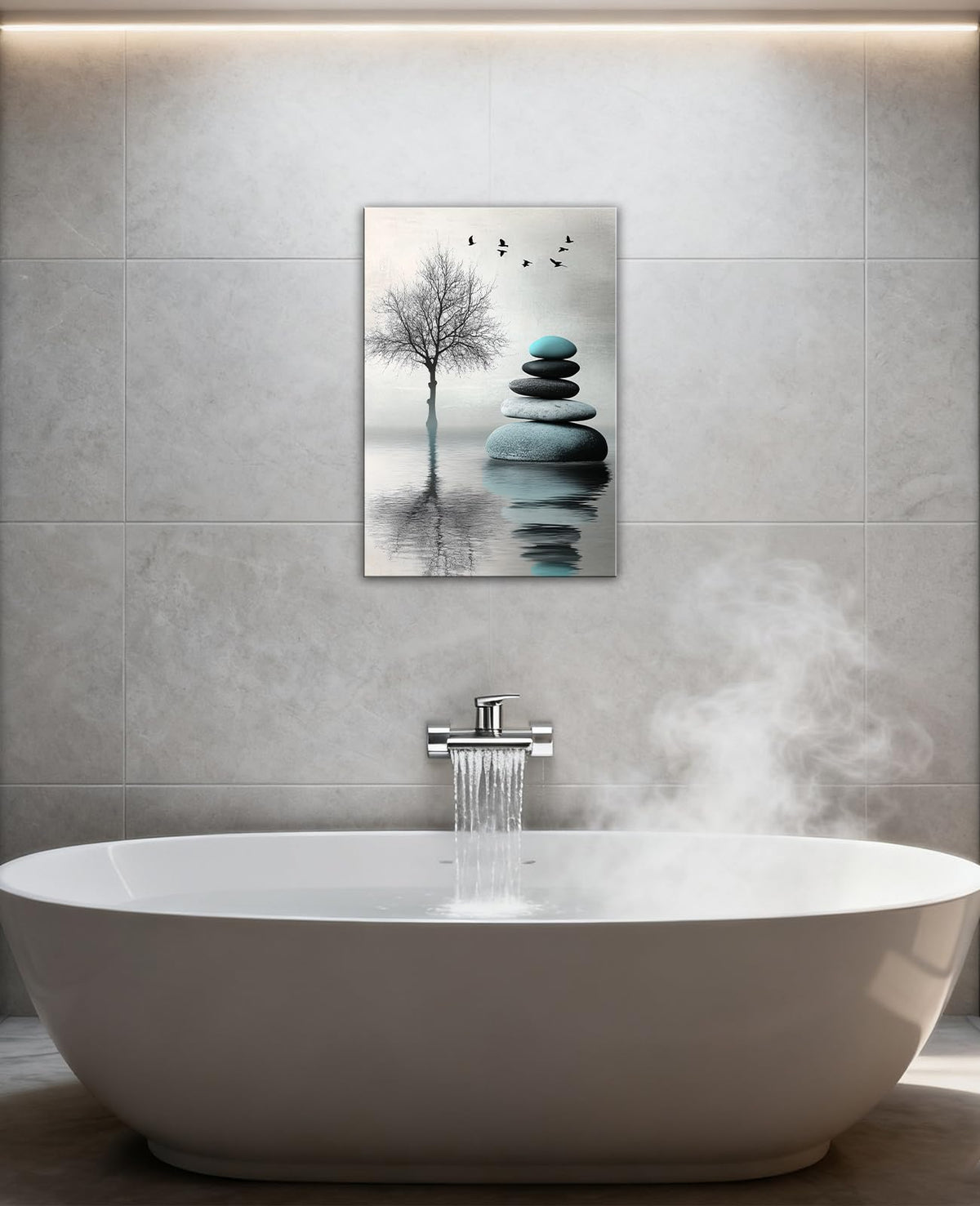 Zen Stones Tree Canvas Wall Art Water Spa Stone Reflection Pictures Minimalist Nature Art Zen Meditation Calming Home Decor for Living Room Bathroom (Artwork-2 / 42"L x 28"W)
