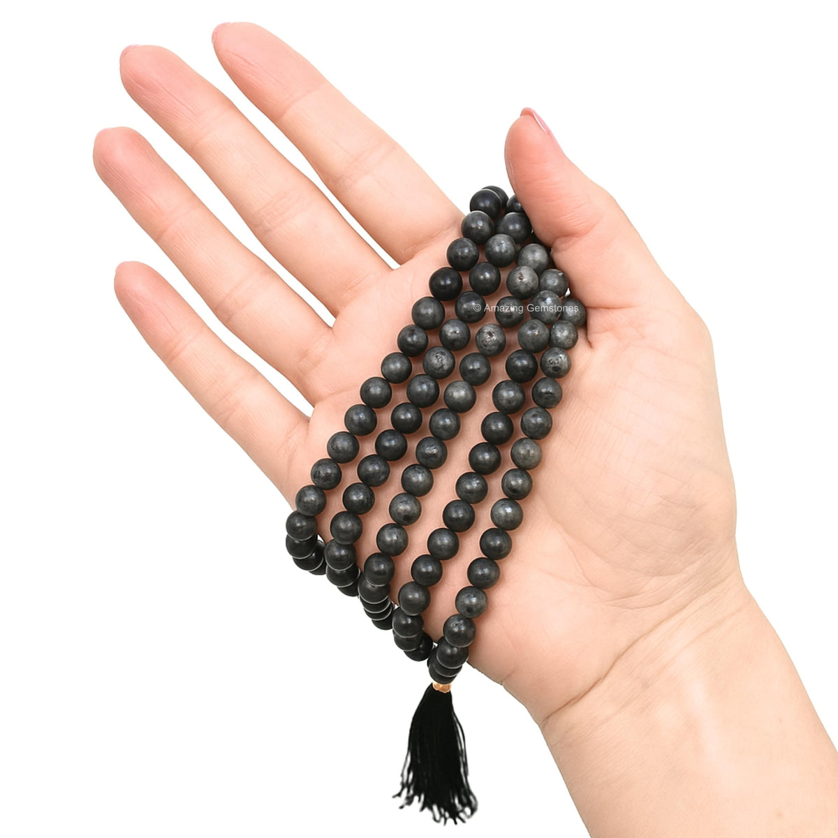 Larvikite Black Labradorite Buddhist Prayer Beads Japa Mala with 108 Meditation Beads (Without Knots / Larvikite Black Labradorite)