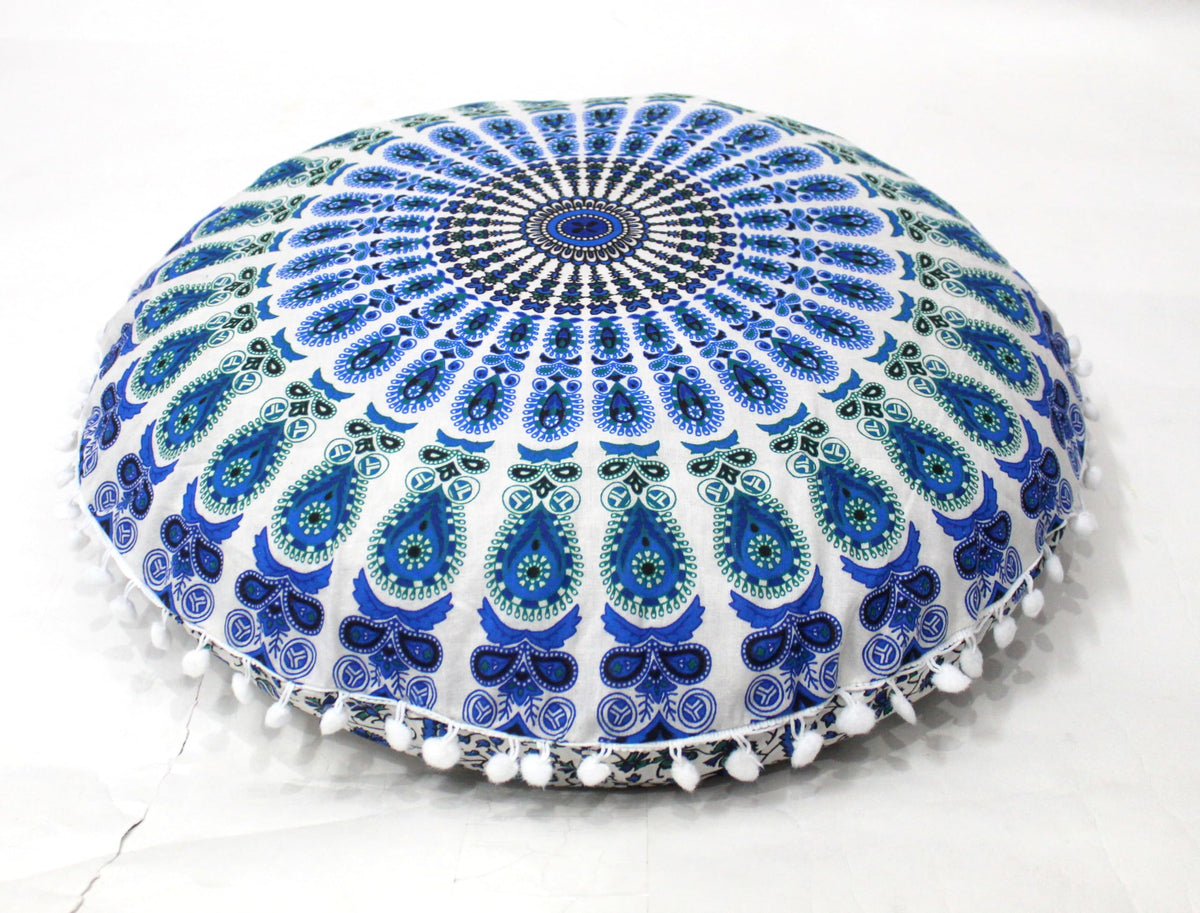 ICC 32 Inch Large Round seat Floor Cushion Cover Chair Ottoman Pouf Pillow Cover Meditation Floor Cushion Covers Seating pouffe Throw Covers Sky Blue (Sky Blue)