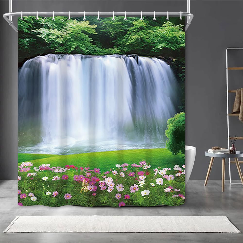 Spring Scenery Shower Curtain Set Decor Forest View Magnificent Waterfall Landscape Natural Scecery Green Leaves Grass Pink Floral Bath Curtain for Bathroom Decor with Hooks (60"W x 72"L (Pack of 1) / Green03)