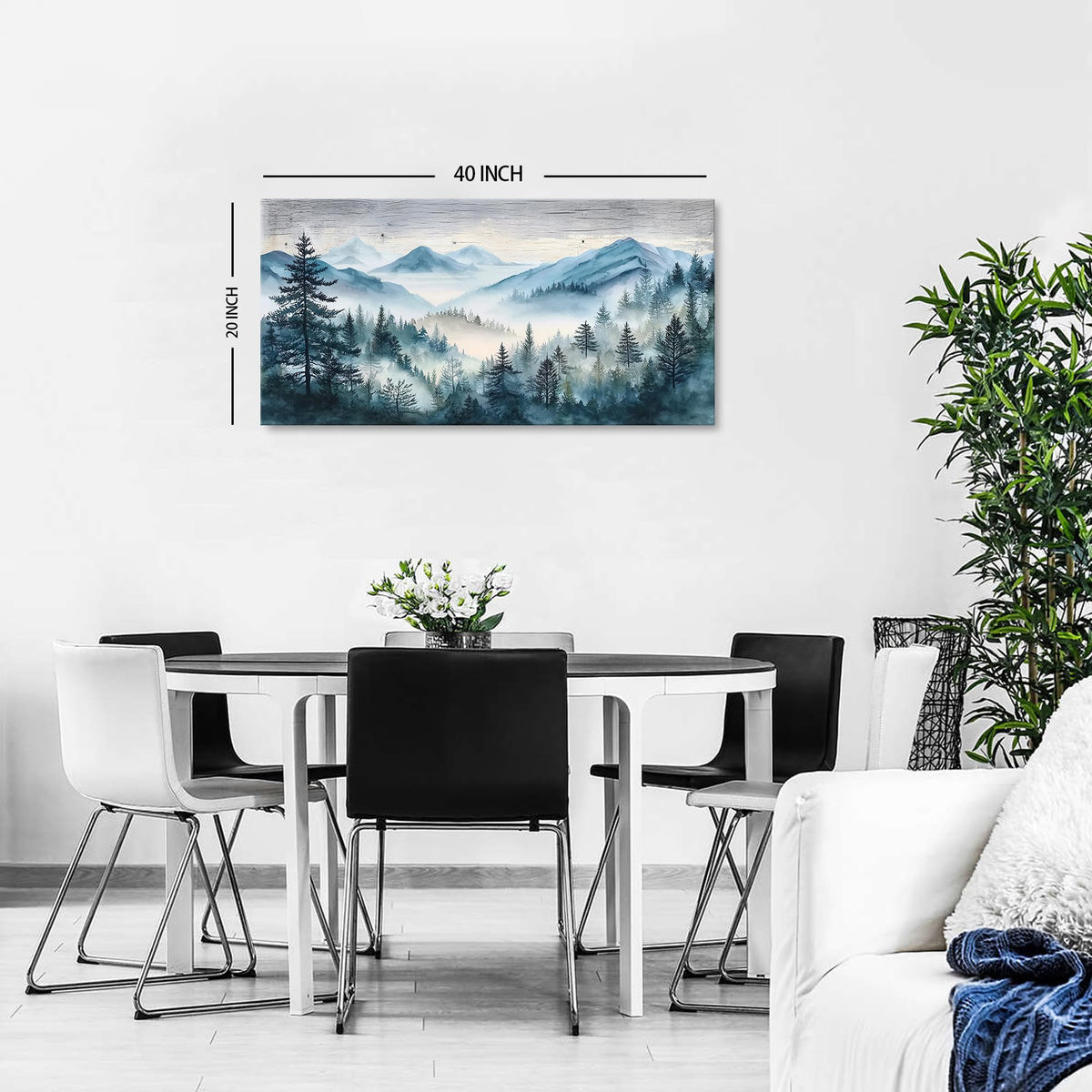 Great Misty Mountain Wall Art Teal Pine Tree Pictures Abstract Forest Wall Decor for Bedroom Vintage Foggy Scenery Poster Green Woodland Landscape Painting Artwork Living Room Home Decorations 20x40” (40"L x 20"W / Misty Forest)