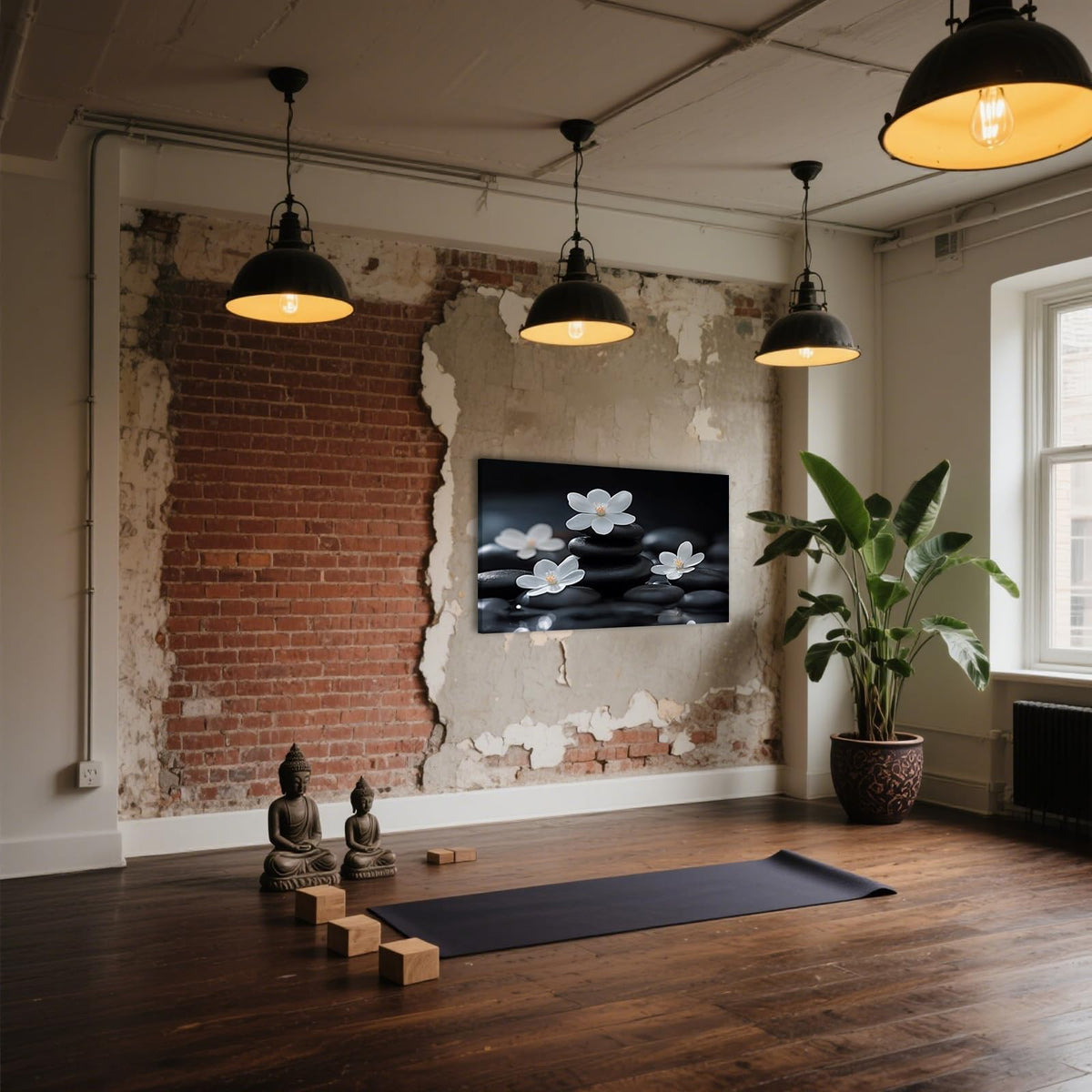 Zen Wall Art Canvas Print Black Stones and White Cherry Blossoms Picture Framed Artwork Poster for Meditation Room Spa Bathroom Decor (WE000050-8 / 24"L x 16"W)