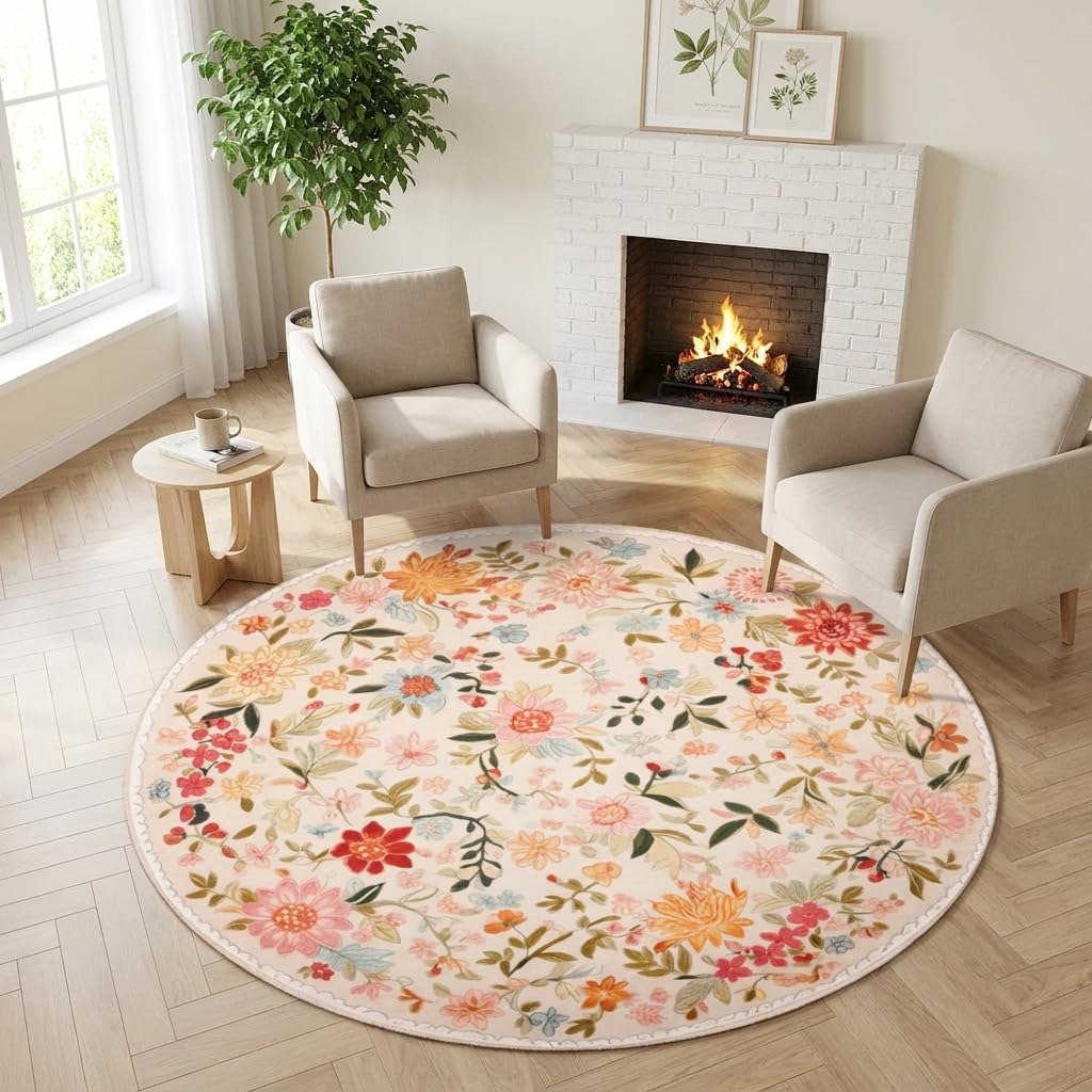 Boho Floral Round Area Rug 5ft (Daily-floral Pink C / 5' (Round))