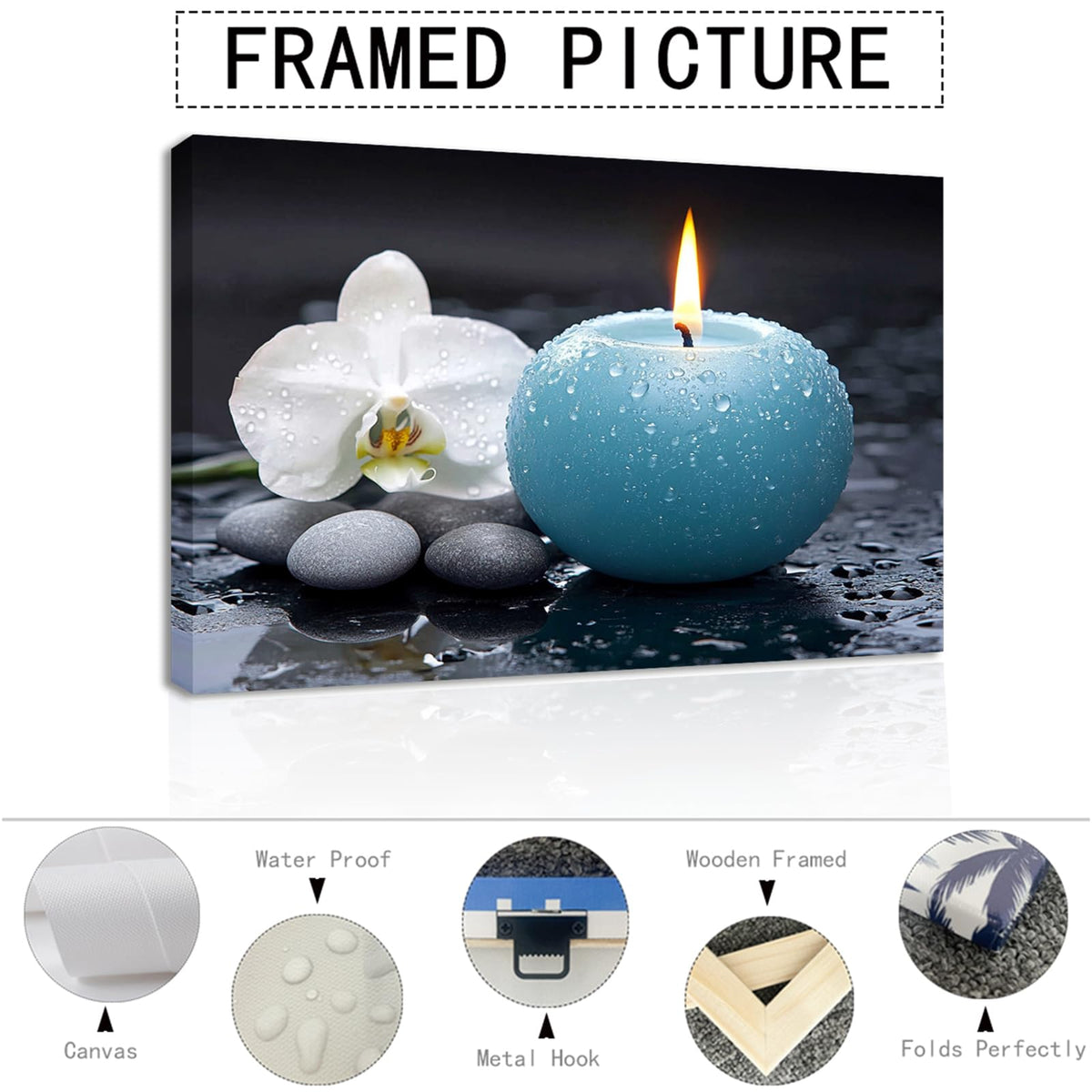 Zen Canvas Wall Art Blue Candle with White Orchid Picture Painting Framed Artwork Poster for Yoga Meditation Room Spa Bathroom Decor (WE000050-3 / 30"L x 20"W)
