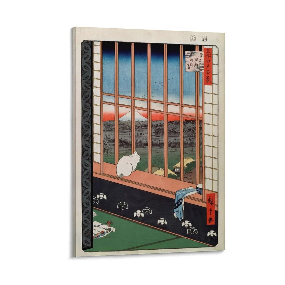Hiroshige Asakusa Ricefields White Cat Japanese Ukiyoe Landscape Canvas Printing Wall Art Prints Wall Decor Posters Zen Vintage Style for Living Room Bedroom Home Office Gallery 24x36inch (style-4 / 24x36inch(60x90cm) Frame)