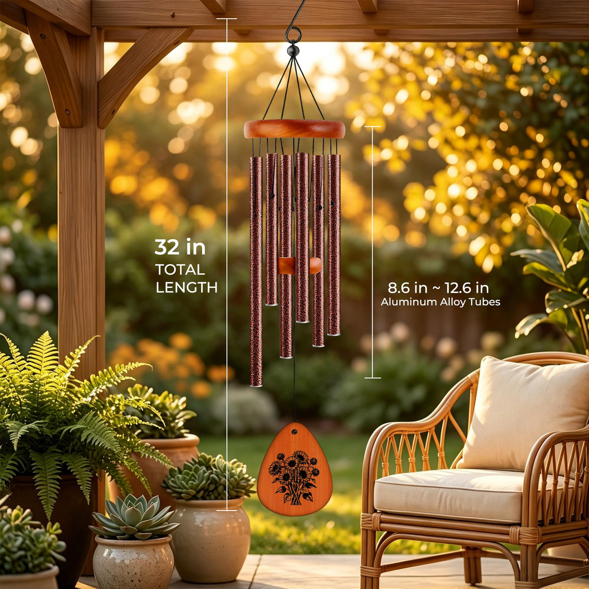 32" Matte Textured Aluminum Wind Chimes for Outdoor Patio & Garden (Brown / 32")