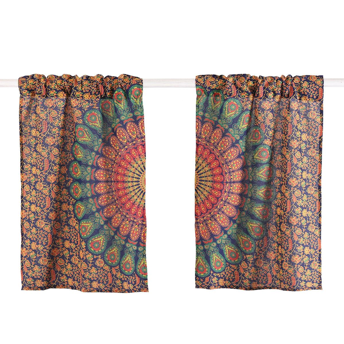 Indian Hippie Bohemian Beautiful Peacock Blue Multi Color Mandala Sheer Curtain Panels (Blue Multi Color / 18"W x 32"L (Pack of 2))