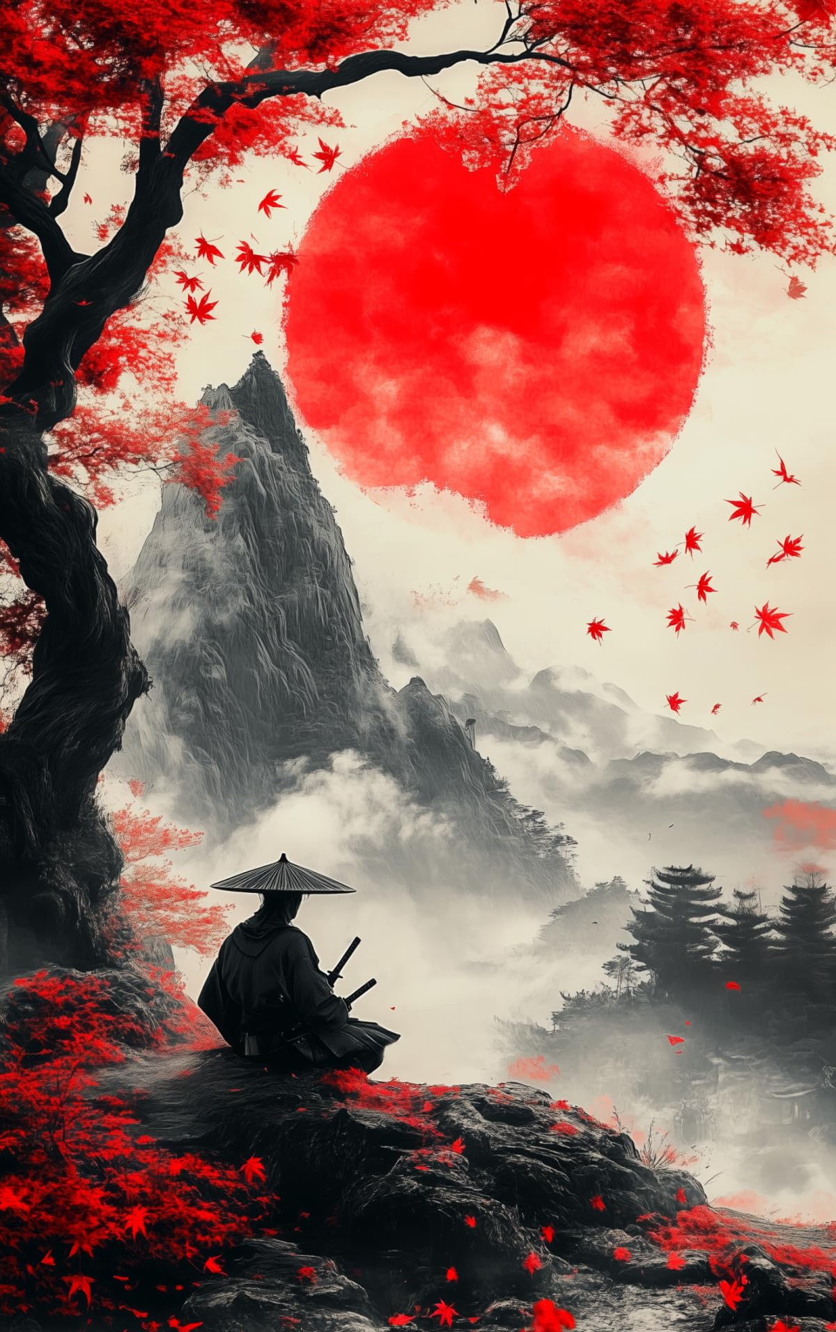 Giant Red Sun Maple Ronin Canvas Framed Wall Art (12"L x 16"W / Samurai21)