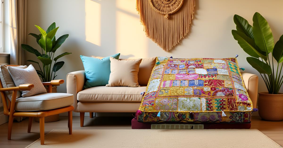 Handmade Square Yellow Patchwork Pouf Cover 35 Inch Ottoman Cover Embroidered Cotton Floor Cushion Cover Boho Indian Decorative Floor Pillow Meditation Cushion for Living Room Bedroom (35"D x 35"W x 5"H / Yellow)