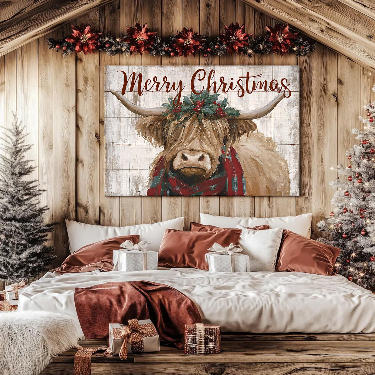 Merry Christmas Wall Art Farmhouse Highland Cow Pictures Wall Decor for Living Room Rustic Country Farm Animal Canvas Prints Vintage Christmas Artwork for Kitchen Dining Room Home Decorations 32x48" (48"L x 32"W / Xmas Cow)
