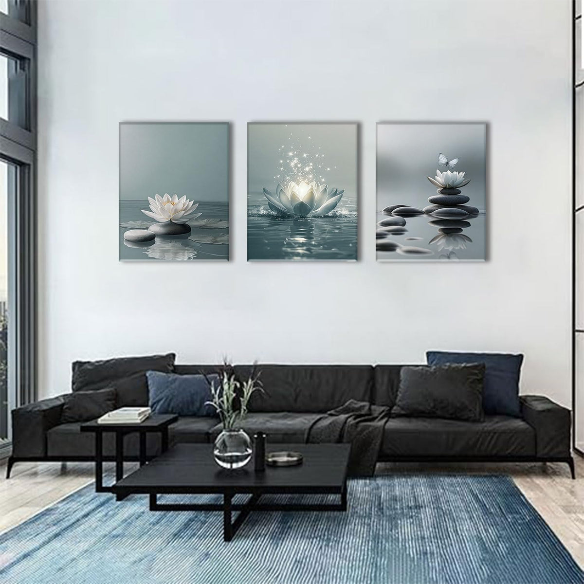 3 Piece Lotus Flower Wall Art Zen Bathroom Wall Decor Spiritual Canvas Art Yoga Room Pictures Meditation Paintings Spa Artwork For Living Room Bedroom (Lotus White / 16x24in)