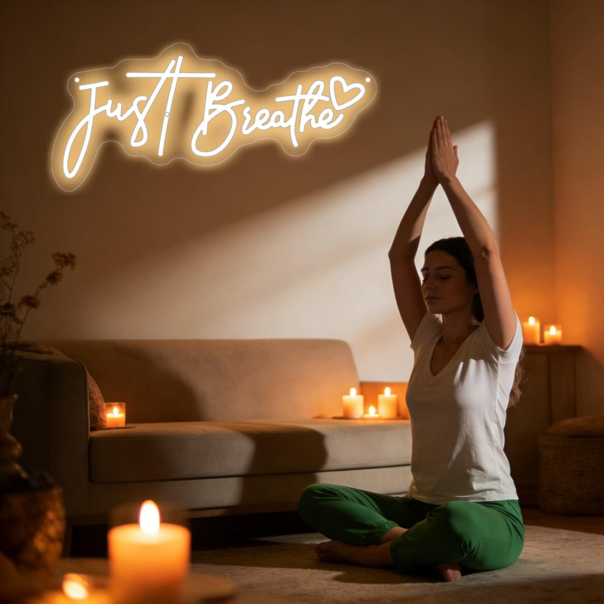 Just Breathe Neon Sign Calming Quote LED Wall Decor (Just Breathe-Warm White)