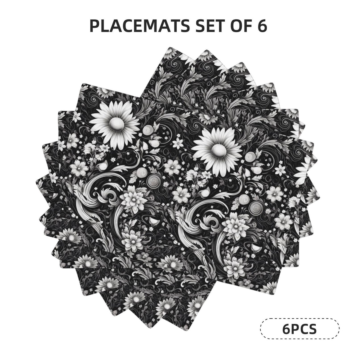 Black and White Flower Sketch Place Mat Set of 6 Pieces Heat (6PCS / Black and White Flower)
