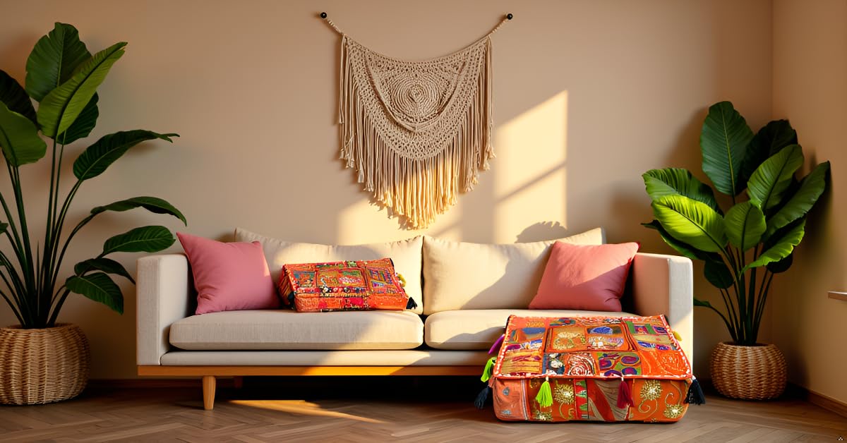 Indian Square Patchwork Traditional Pouf Cover Indian Living Room Poufs Decorative Embroidered Designer Ottoman Home Living Footstool Chair Cover Decor Pillow Cover 16x16x5 inches (16"D x 16"W x 5"H / Orange)
