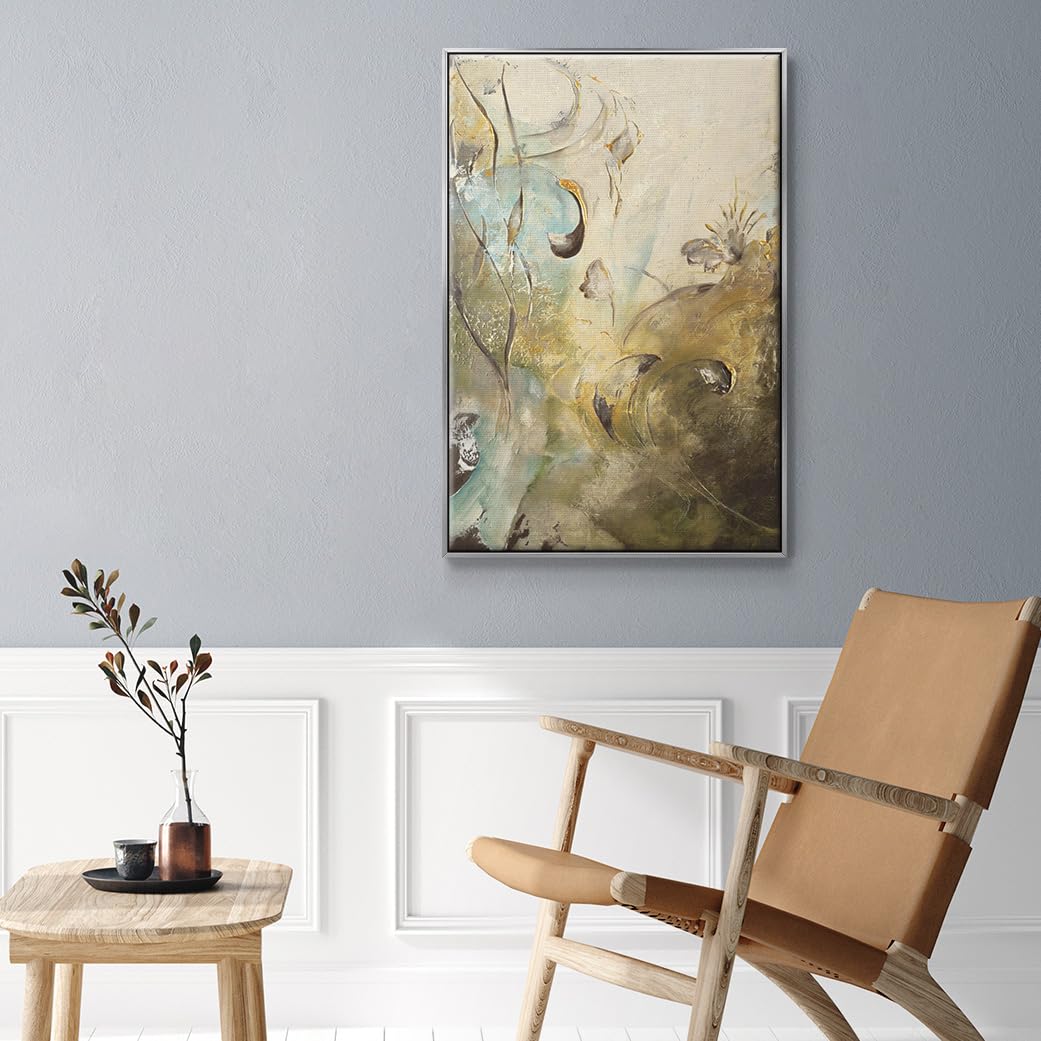 Nature Wall Art Silver Floating Frame Paintings Modern Enchanted Garden Foliage Abstract Hanging Artwork Home Prints for Bedroom Office Kitchen (41"L x 27"W / Enchanted Garden II)