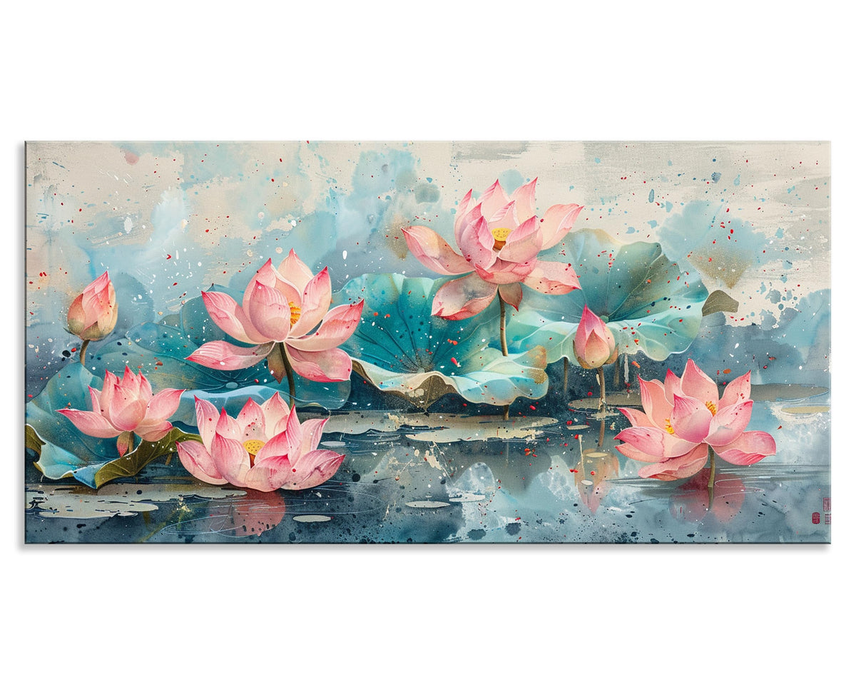 1Pcs Pink Lotus Flowers Canvas Prints Wall Art Green Leaves and Blooming Water Lilies Framed Wall Decor Ready to Hang Nature (Pink Lotus-One Piece / 40"L x 20"W)