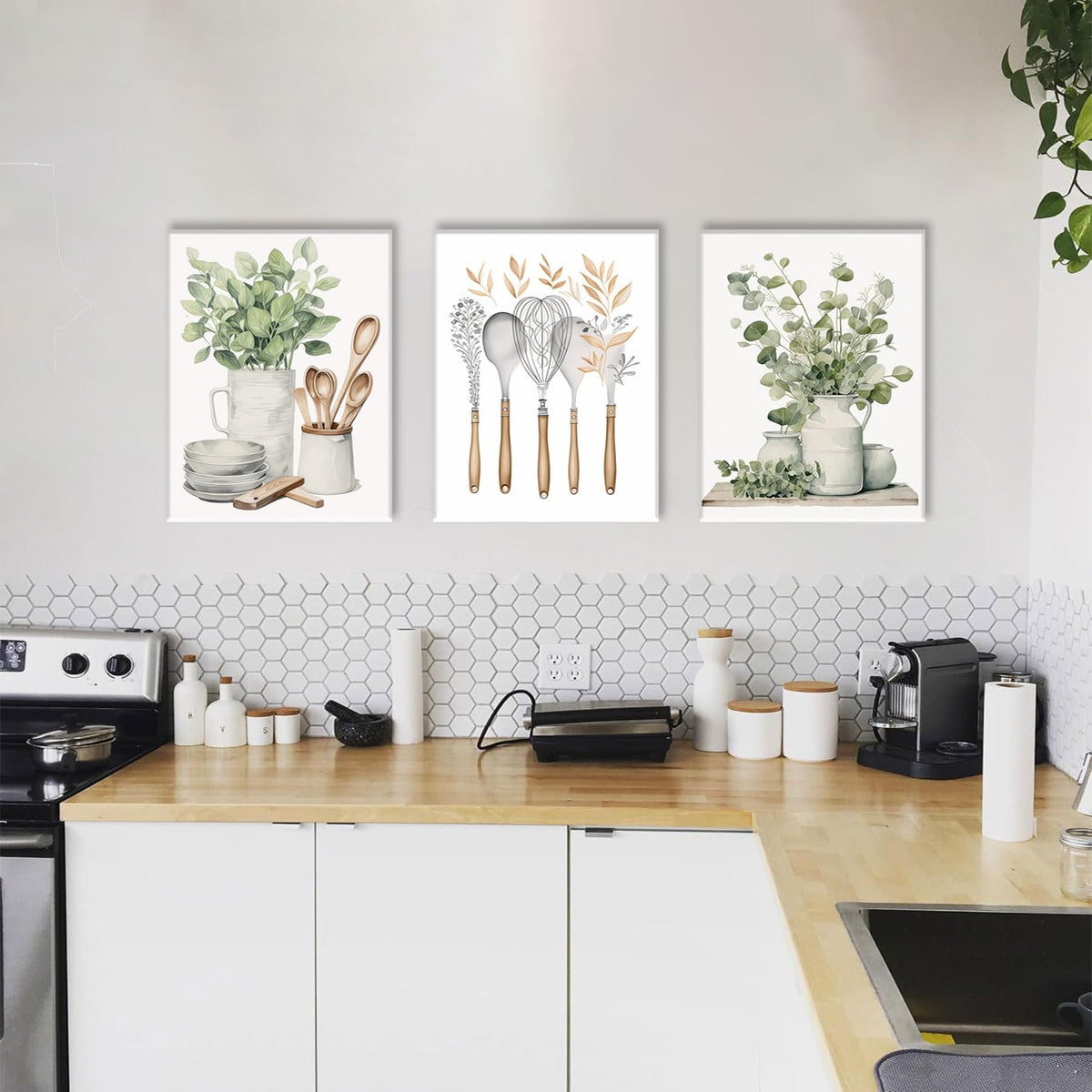 3 Piece Kitchen Wall Decor Sage Green Botanical Prints 12"x16" (Kitchenware Flowers / 12x16in)