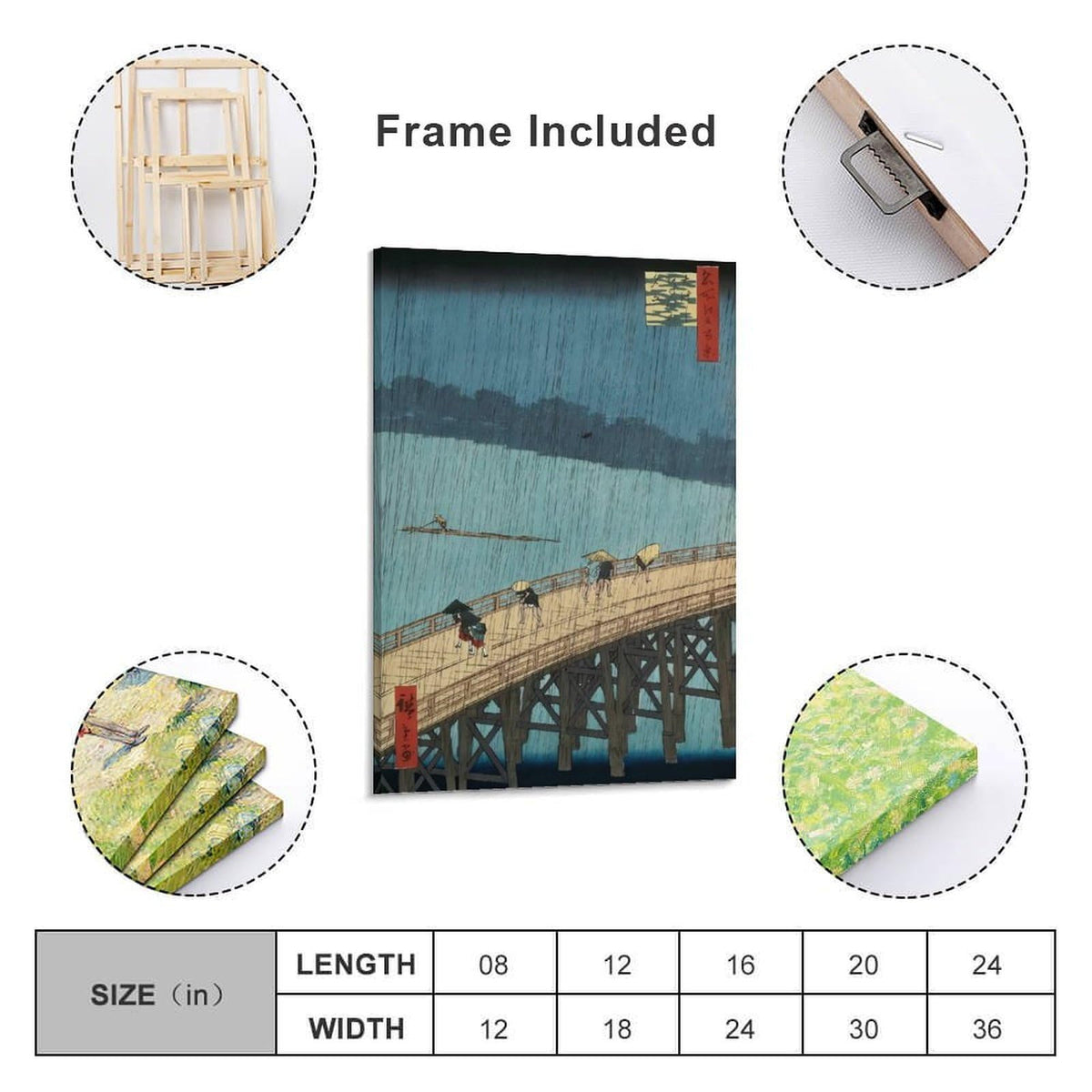 Hiroshige Ohashi Bridge In The Rain Canvas Printing Wall Art Ukiyoe Japanese Landscape Prints Vintage Blue River Bridge Scene Posters Wall Decor For Living Room Bedroom Office 24x36inch (style-9 / 24x36inch(60x90cm) Frame)