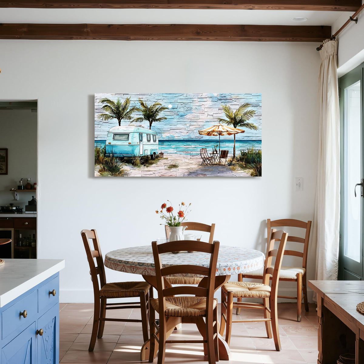 Beach Camper Large Wall Art Watercolor Print Blue Coastal Decor (Beach Journey / 40"L x 20"W)