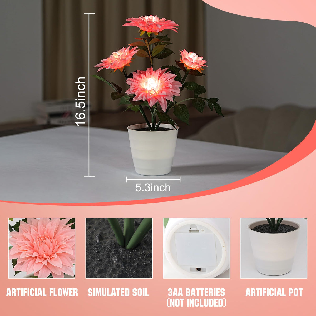 Artificial Pink Dahlia Flower Lamp Light for Bedroom Bar Coffee Shop Wedding Decor (Sunflower-dahlia-pink)