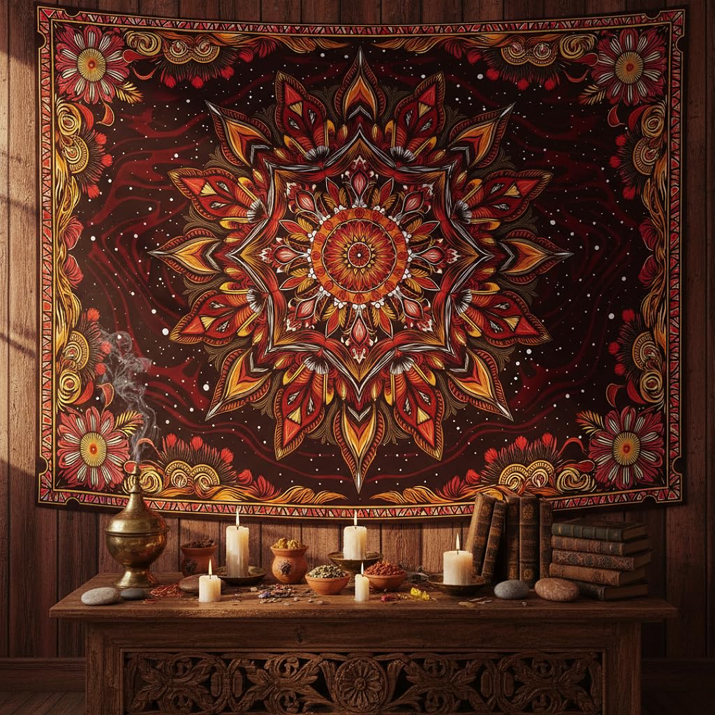 Mandala Floral Tapestry Wall Hanging Boho Red Orange Tapestry Aesthetic Hippie Vintage Bohemian Flower Indian Cute Large Tapestries for Bedroom Living Room Dorm Wall Decor 80 x 60 Inch (Bohemian / Red Orange / 80"L x 60"W)