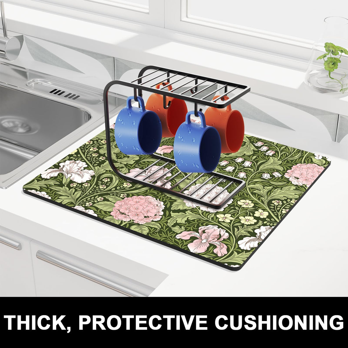 Dish Drying Mat for Kitchen Counter (Pink Iris Hydrangea / 16" x 18")