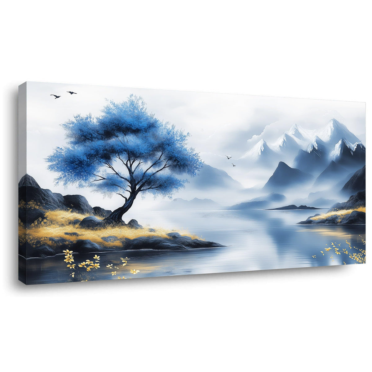 Blue Tree Lake Wall Art for Living Room Canvas Painting Prints Beautiful Mountain Lakeside Landscape White Nature Artwork Office Bedroom Family Room Decor Large (46L" x 23W" / Yellow and Blue Wall Art(k826))