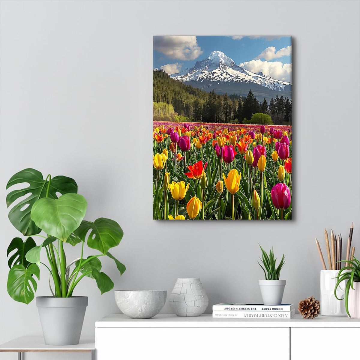 Mt Hood Mountain Wall Art Yellow Flowers Wall Decor Snow Mountains Landscape Canvas Prints Tulips Flower Field Scenery Pictures Nature Forest Artwork for Bedroom Living Room Home Decoration 12x16" (16"L x 12"W / YellowTulips)